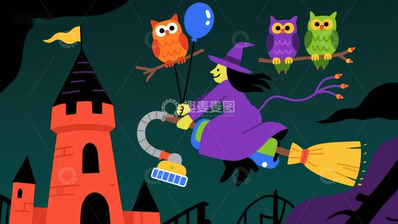 高清大图下载【趣麦麦图】巫师夜行，猫头鹰相伴