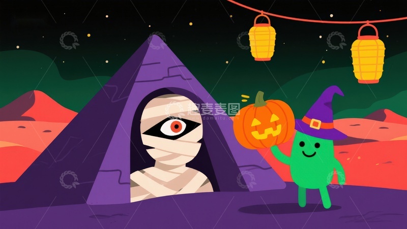 高清大图下载【趣麦麦图】万圣节夜景：木乃伊、南瓜灯与巫师
