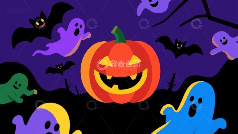 高清大图下载【趣麦麦图】万圣节南瓜灯与幽灵蝙蝠夜景