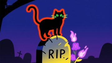 墓碑上的黑猫与幽灵花朵