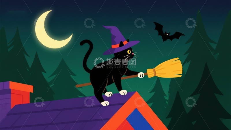 高清大图下载【趣麦麦图】黑猫巫师帽骑扫帚夜景