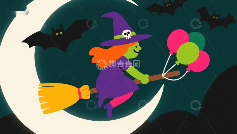 高清大图下载【趣麦麦图】巫女骑扫帚手持气球夜空飞行