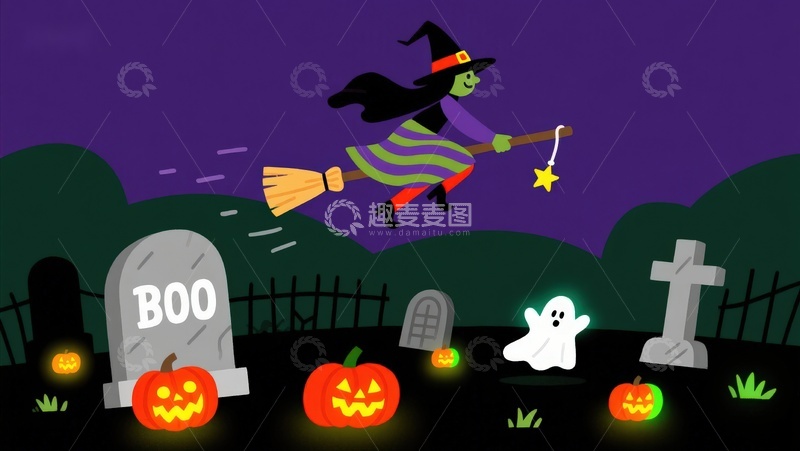 高清大图下载【趣麦麦图】万圣节女巫夜空飞行