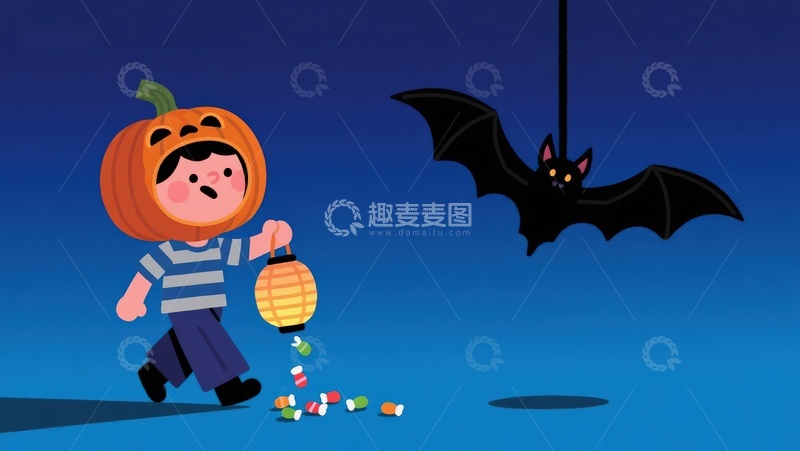 高清大图下载【趣麦麦图】南瓜头小孩万圣节糖果掉落