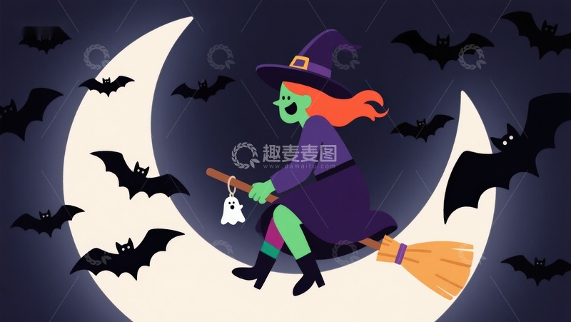 高清大图下载【趣麦麦图】巫师骑扫帚穿越月亮与蝙蝠