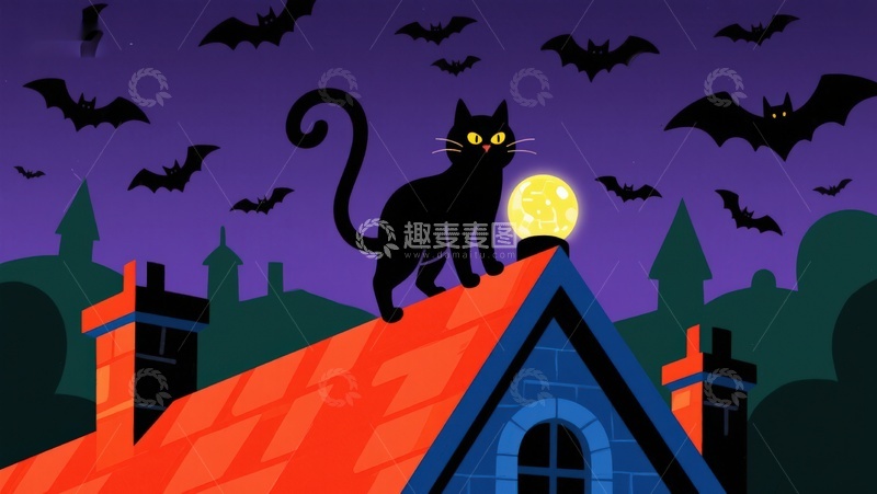 高清大图下载【趣麦麦图】黑猫屋顶夜景，满月与蝙蝠环绕