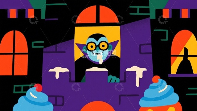 卡通角色在城堡窗口前的场景