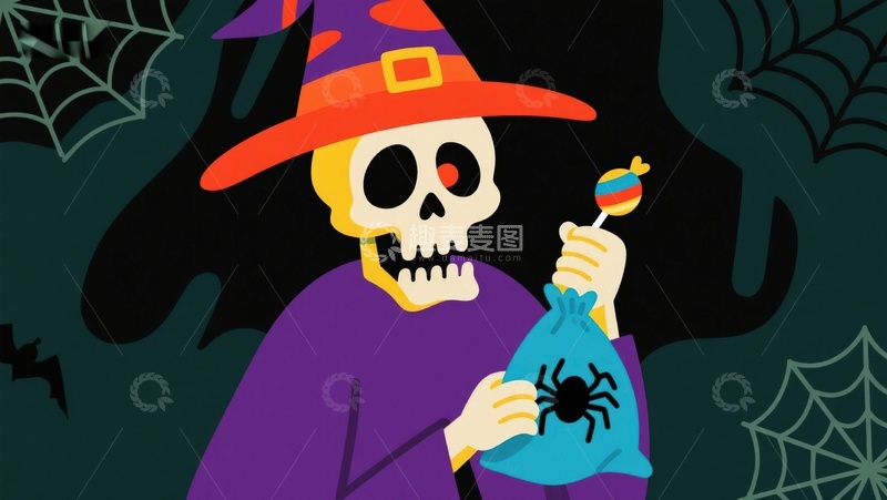 高清大图下载【趣麦麦图】万圣节骷髅巫师手持糖果袋