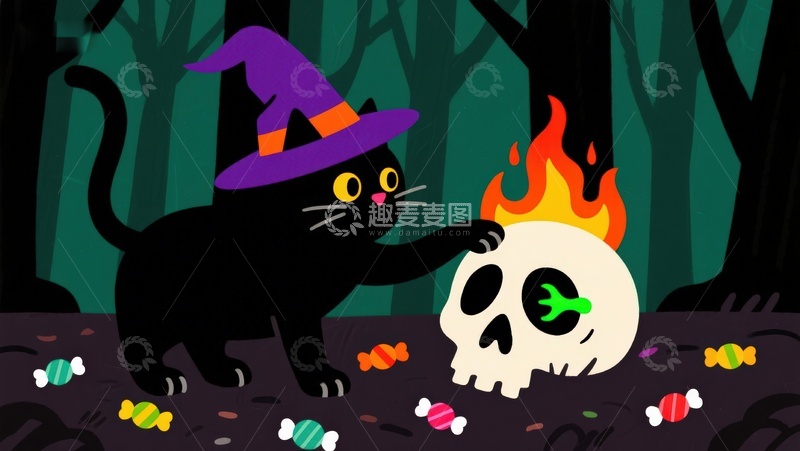 高清大图下载【趣麦麦图】黑猫与燃烧骷髅的万圣夜