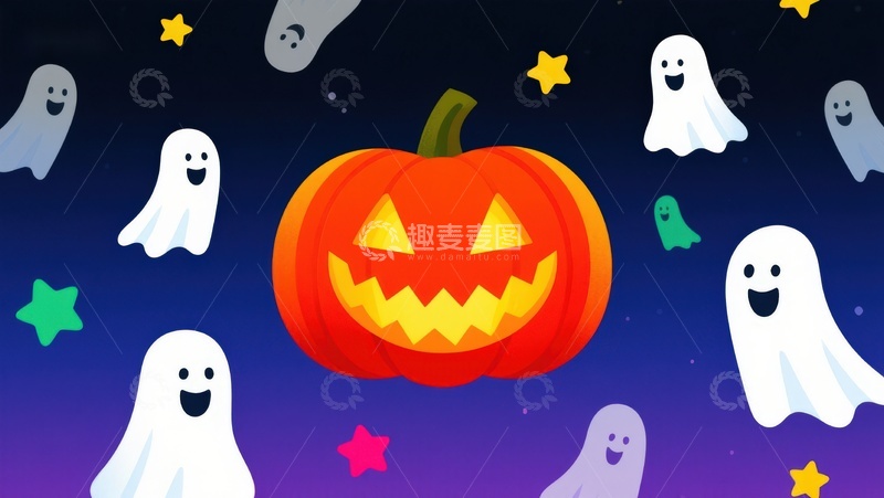 高清大图下载【趣麦麦图】万圣节南瓜与幽灵的夜空场景