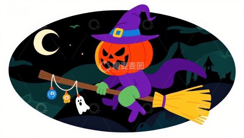 高清大图下载【趣麦麦图】南瓜巫师夜空飞行