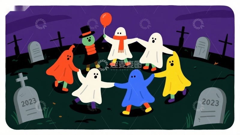 高清大图下载【趣麦麦图】万圣节幽灵在墓地欢乐舞动