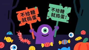 卡通怪物手持标语，糖果环绕