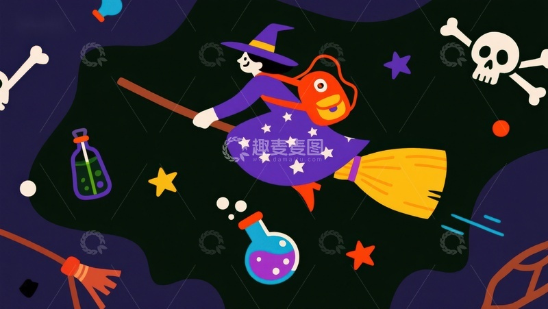 高清大图下载【趣麦麦图】巫师骑扫帚夜空飞行