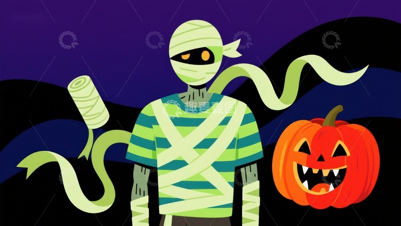 高清大图下载【趣麦麦图】万圣节木乃伊与南瓜灯