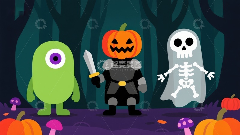 高清大图下载【趣麦麦图】万圣节卡通角色在森林中