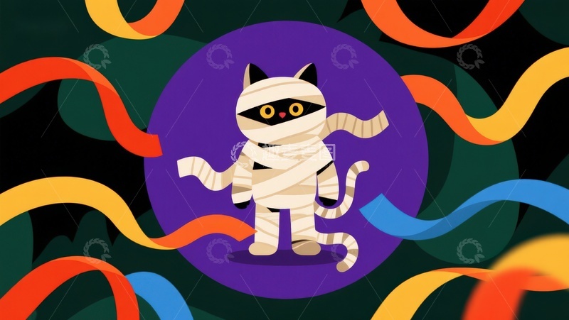高清大图下载【趣麦麦图】万圣节木乃伊猫咪插画