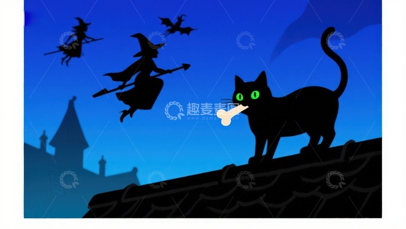 高清大图下载【趣麦麦图】夜空下的黑猫与女巫