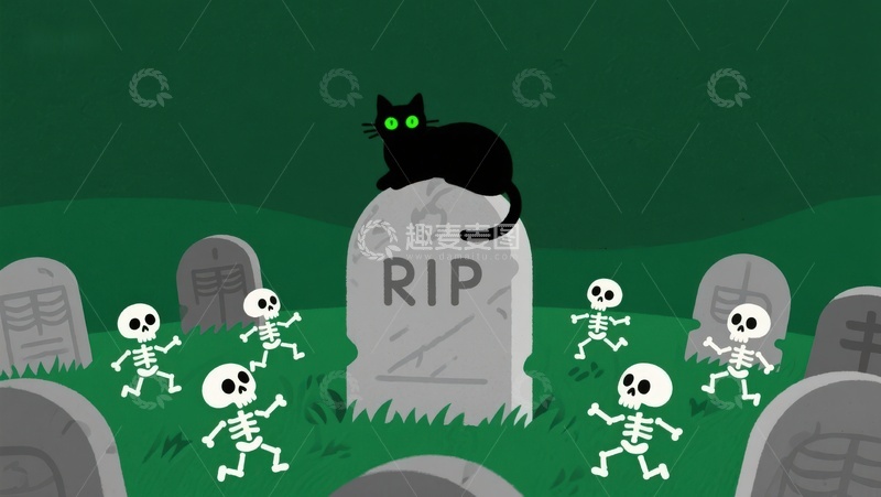 高清大图下载【趣麦麦图】墓地里的黑猫与跳舞的骷髅