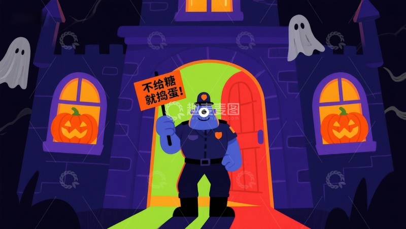 高清大图下载【趣麦麦图】万圣节怪物手持标语站在鬼屋前