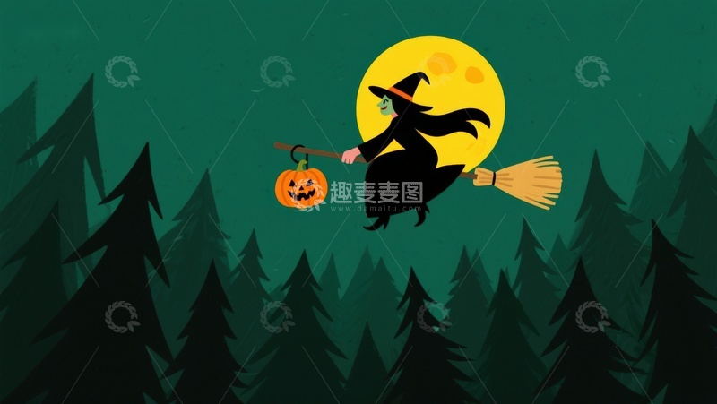 高清大图下载【趣麦麦图】巫师骑扫帚夜空飞行
