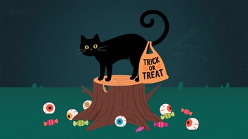 黑猫树桩上手持&ldquo;不给糖就捣蛋&rdquo;布袋