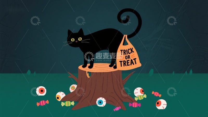 高清大图下载【趣麦麦图】黑猫树桩上手持&ldquo;不给糖就捣蛋&rdquo;布袋