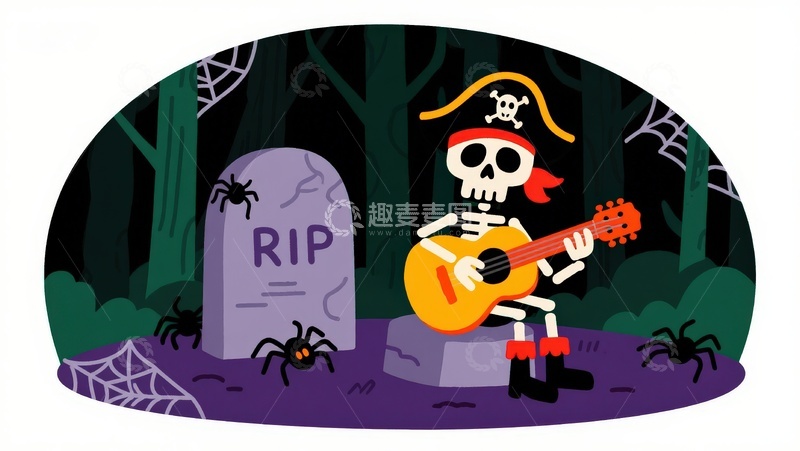 高清大图下载【趣麦麦图】骷髅海盗弹吉他，墓地幽灵氛围