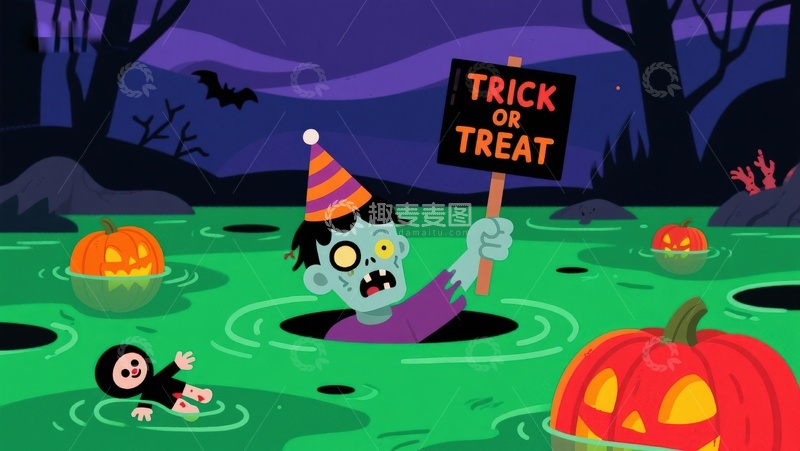 高清大图下载【趣麦麦图】万圣节僵尸手持&ldquo;不给糖就捣蛋&rdquo;牌子