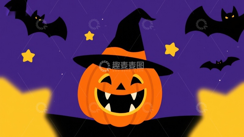 高清大图下载【趣麦麦图】万圣节南瓜灯与蝙蝠夜景