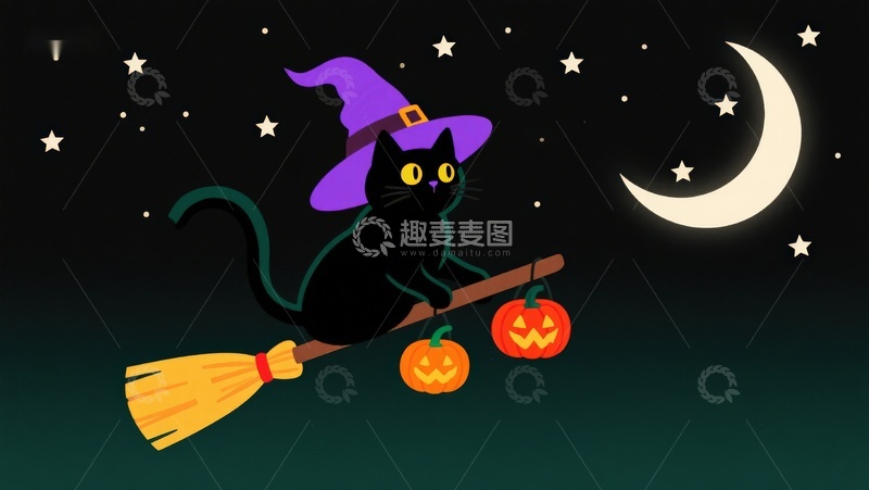 高清大图下载【趣麦麦图】万圣夜猫巫骑帚