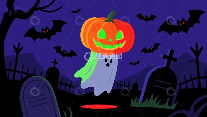 高清大图下载【趣麦麦图】万圣节南瓜幽灵夜景
