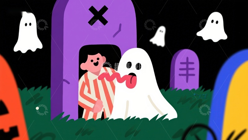 高清大图下载【趣麦麦图】万圣节夜，男孩与幽灵在墓地