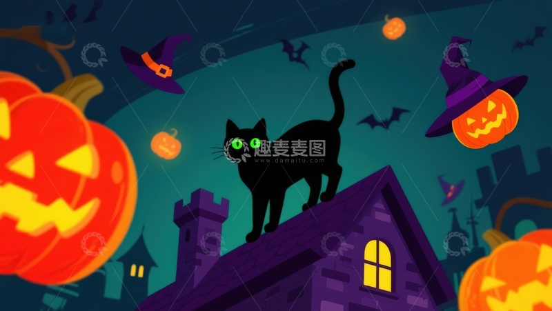 高清大图下载【趣麦麦图】万圣夜黑猫屋顶南瓜灯