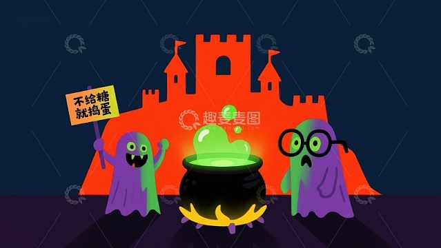 万圣节幽灵与魔法锅的趣味场景
