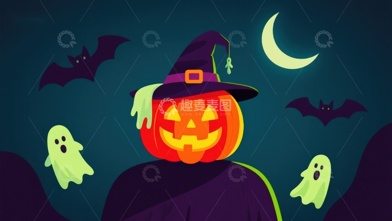 高清大图下载【趣麦麦图】万圣节南瓜灯巫师夜景