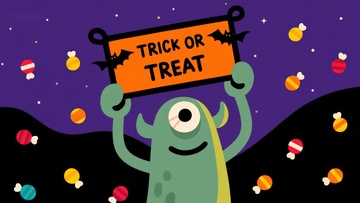 卡通怪物手持“不给糖就捣蛋”牌子