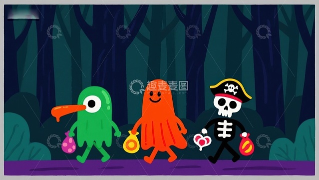 森林中的卡通角色夜行