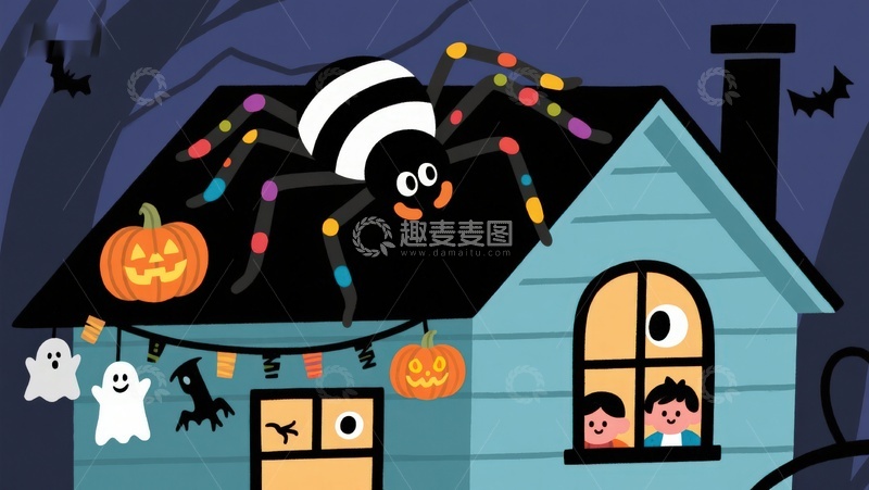 高清大图下载【趣麦麦图】万圣节装饰房屋与大蜘蛛