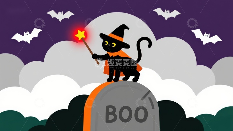 高清大图下载【趣麦麦图】万圣夜黑猫巫师手持魔法棒
