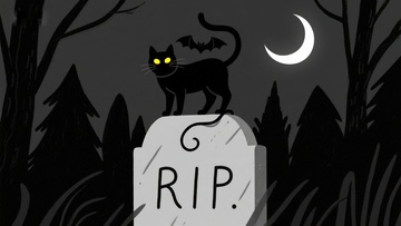 夜幕下的墓碑与黑猫