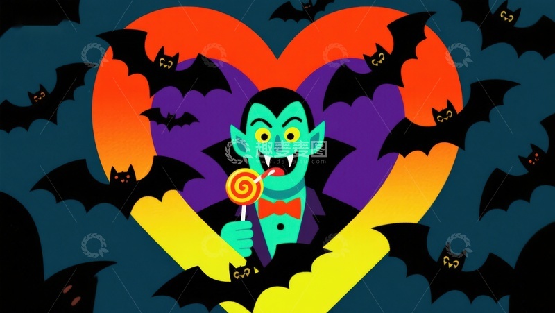 高清大图下载【趣麦麦图】吸血鬼手持糖果，背景心形与蝙蝠