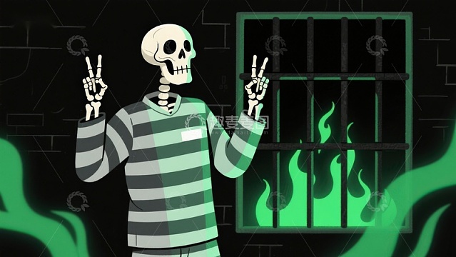骷髅囚犯在狱中比出和平手势