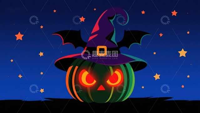 万圣节南瓜灯戴着巫师帽