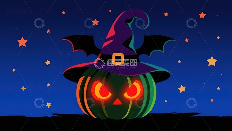 万圣节南瓜灯戴着巫师帽