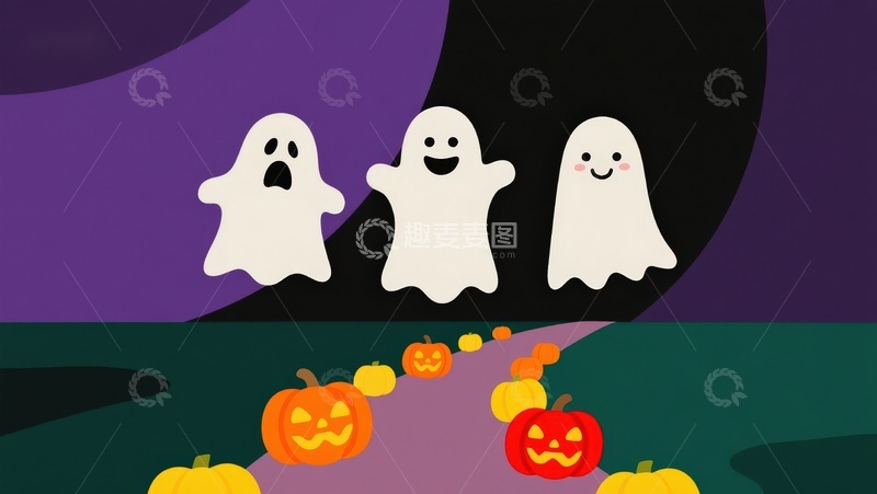 高清大图下载【趣麦麦图】万圣节夜晚的三个小鬼和南瓜灯