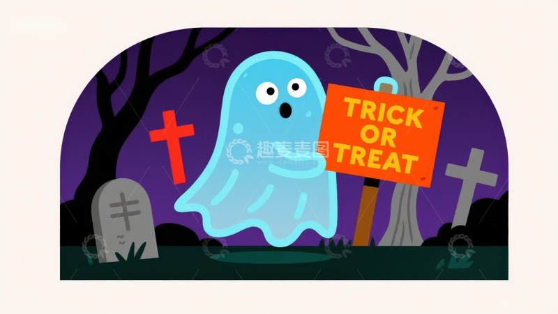 高清大图下载【趣麦麦图】万圣节幽灵手持&ldquo;不给糖就捣蛋&rdquo;牌子