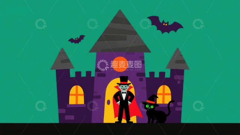 高清大图下载【趣麦麦图】万圣节城堡前的吸血鬼与黑猫