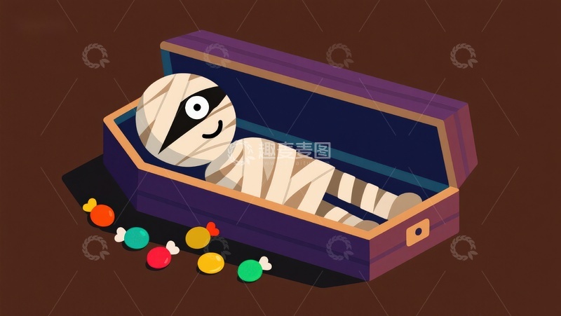 高清大图下载【趣麦麦图】木乃伊躺在紫色棺材中，周围散落糖果