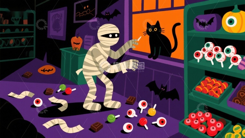 高清大图下载【趣麦麦图】万圣节糖果店里的木乃伊